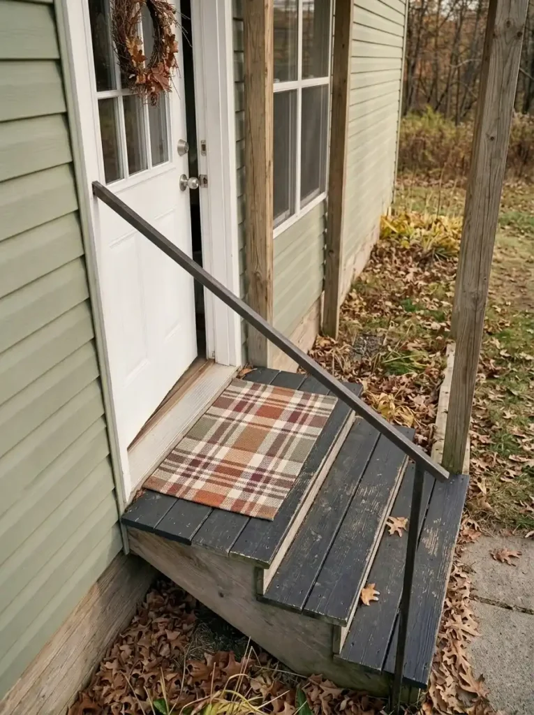 Thin rust-and-ivory plaid Thanksgiving doormat lying flat on a narrow mobile-home landing beneath a white front door.