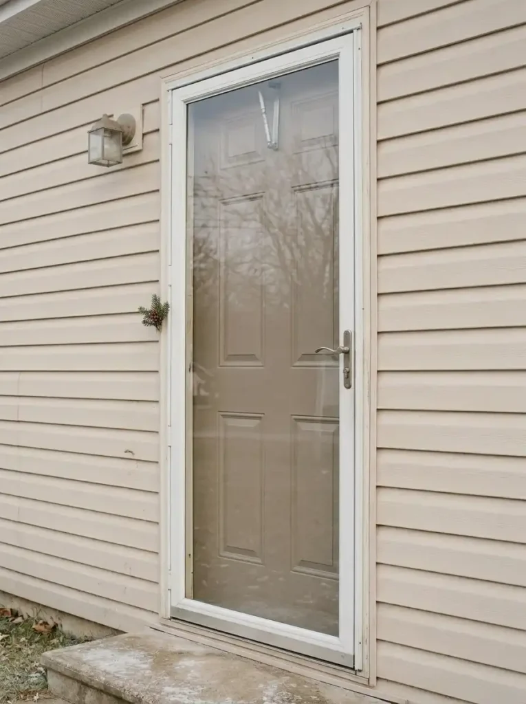 Manufactured-home storm door with a low-profile Christmas greenery accent beside the frame and unobstructed handles.