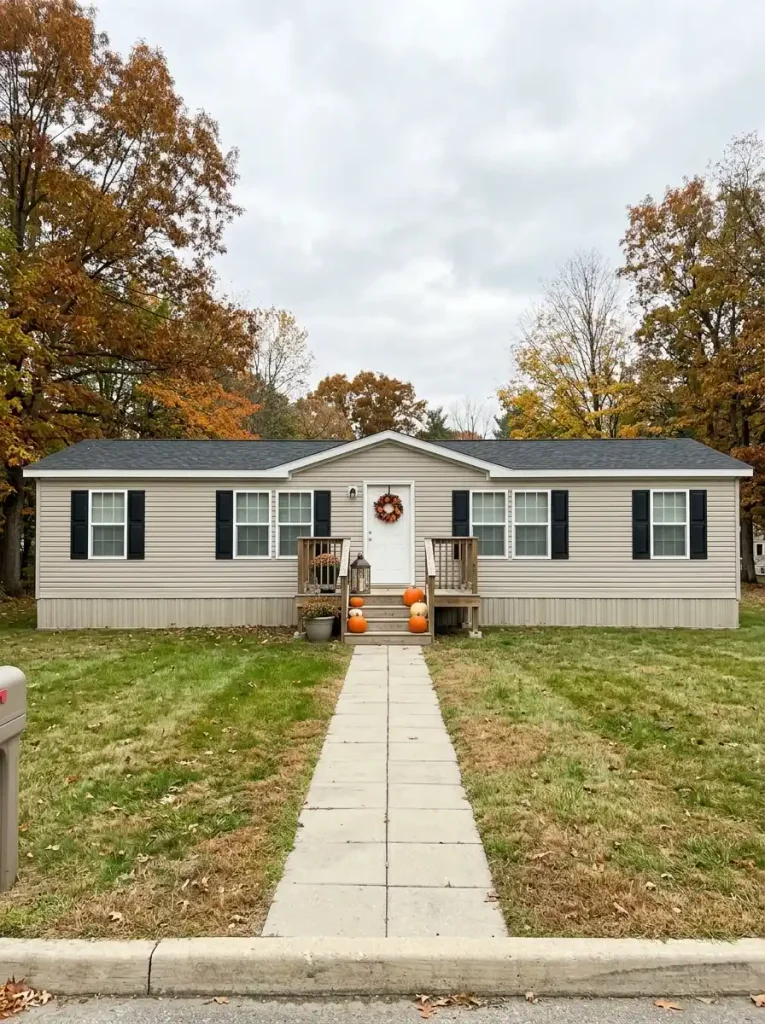 Straight-on manufactured-home curb view with a few existing pumpkins, planter and lantern showing where inexpensive Halloween upgrades could have the most impact.