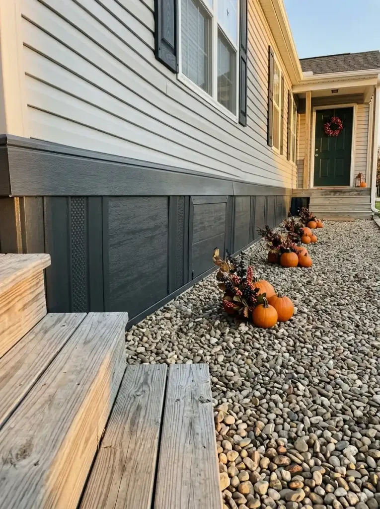 Three spaced Halloween pumpkin groupings along a manufactured-home foundation bed using the skirting line to connect the curb view.