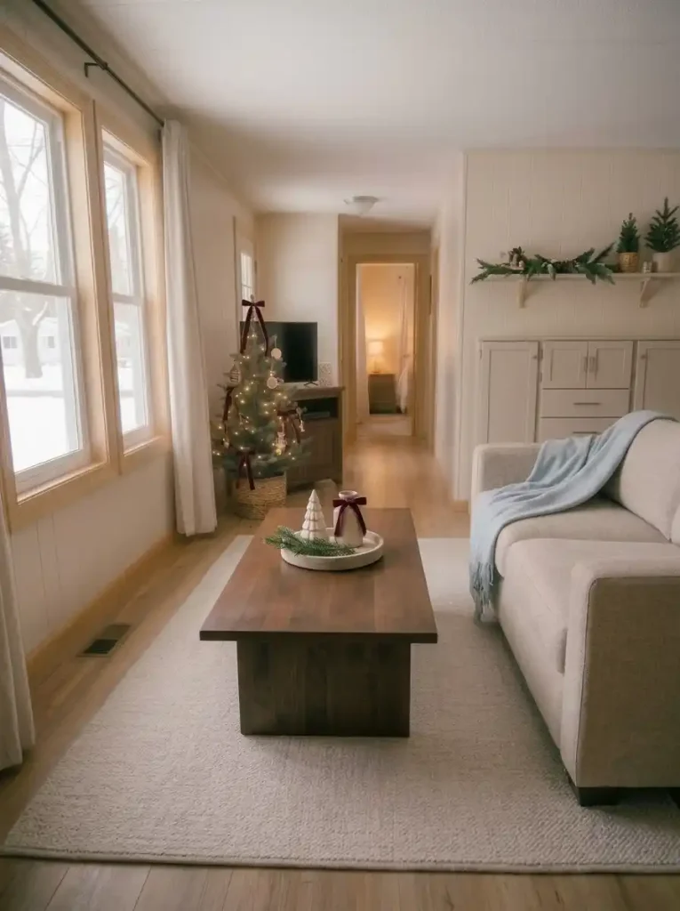Small mobile home living room with matching burgundy Christmas tree ribbons and a simple coordinated coffee table centerpiece.