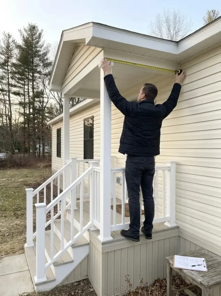 Homeowner using a tape measure on a reachable covered-porch beam of a single-wide manufactured home.