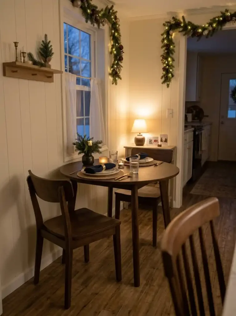 Intimate Christmas Eve table for two with midnight-blue napkins, ivory dinner plates, champagne-gold accents, and soft lighting.