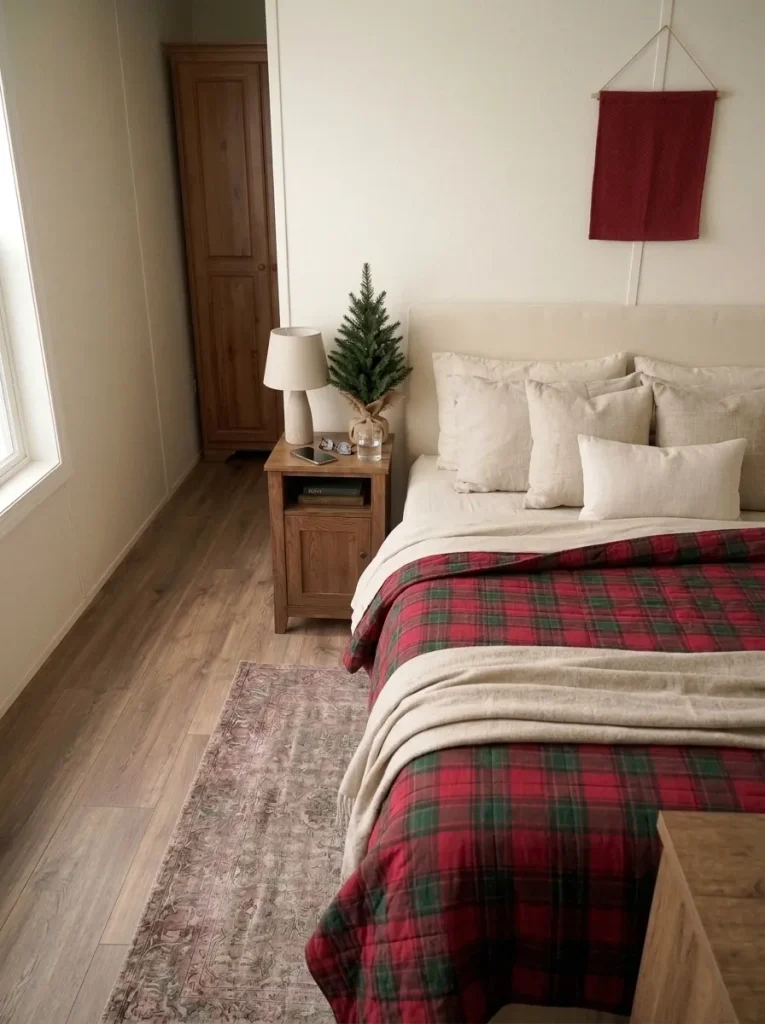 Small artificial Christmas tree displayed on a walnut nightstand with a reading lamp, glasses, and water in a mobile-home bedroom.