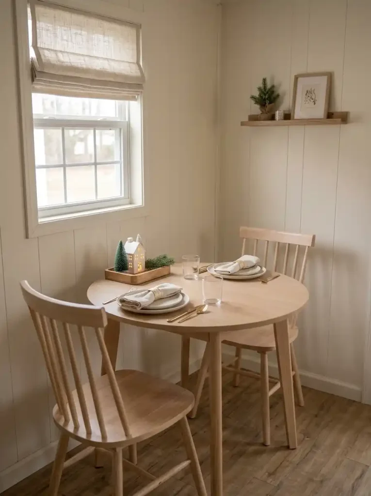 Two-person Christmas bistro table with white place settings and a small ceramic Christmas village centerpiece on a wooden tray.
