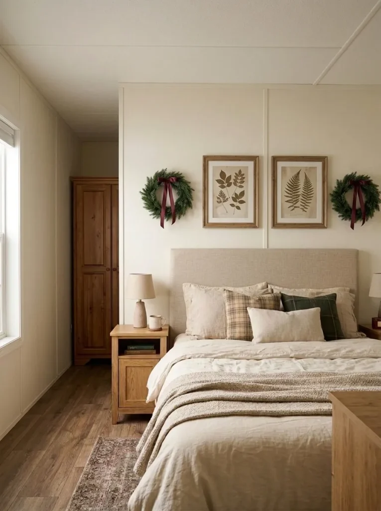 Two framed botanical prints decorated with small Christmas wreath accents above a neutral upholstered headboard.