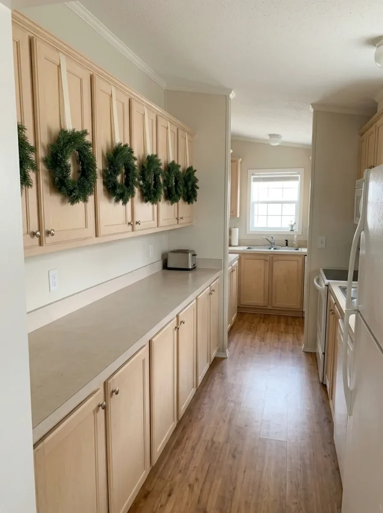 Long upper cabinet run in a double-wide kitchen with matching mini evergreen wreaths centered on each door.
