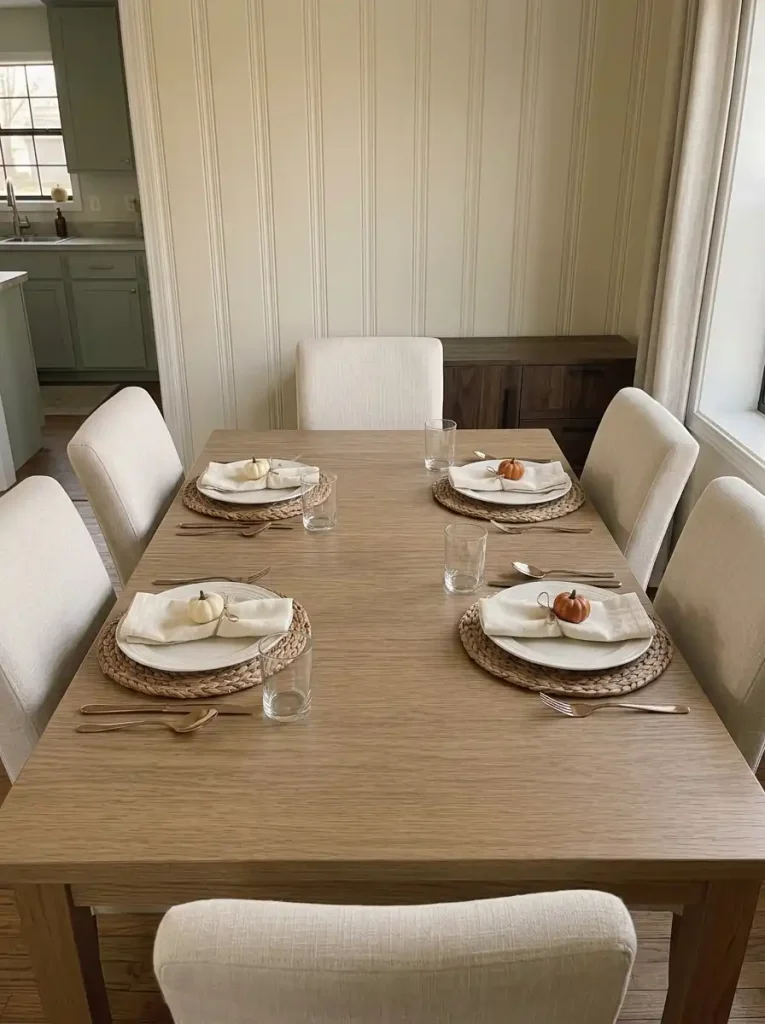 Small Thanksgiving table with mini pumpkin napkin charms at each place setting and an open center for serving dishes.