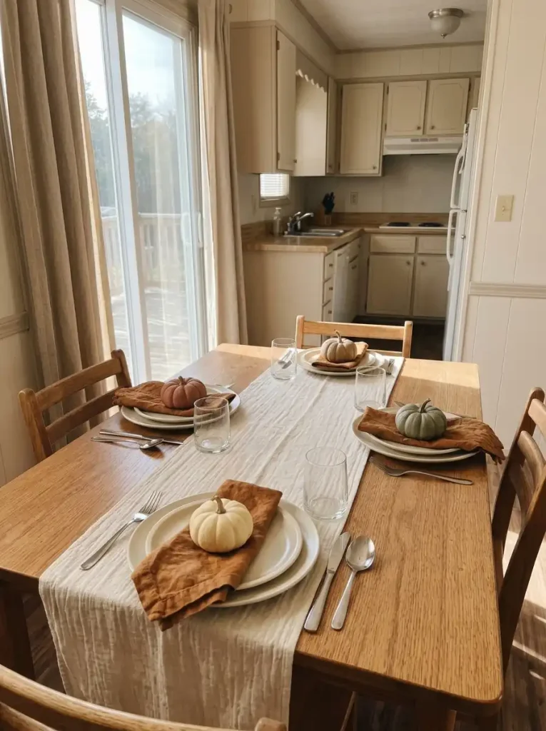 Four mini pumpkins on individual Thanksgiving dinner plates with the center of a small mobile home table left empty.