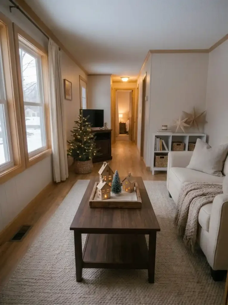Miniature wooden Christmas village with two small houses, a pine tree and warm lights arranged on a coffee table.