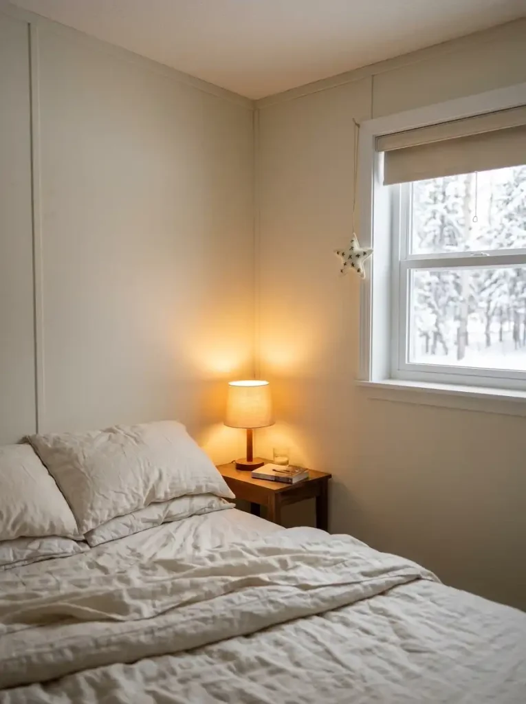 Single ivory felt Christmas star hanging near a small mobile home bedroom window above neutral bedding.
