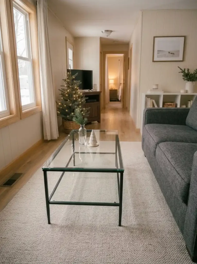 Transparent glass coffee table with a slim vase of evergreen branches and a small ceramic Christmas tree in a compact mobile home.