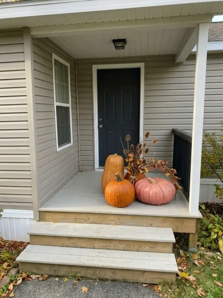 Tall, round and squat pumpkins create varied height and shape beside the entrance of a small mobile-home porch.
