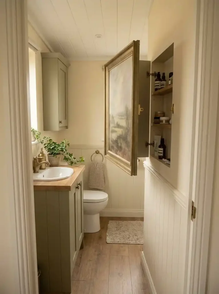 Framed artwork opening to reveal shallow hidden bathroom storage for toiletries in a compact mobile home.