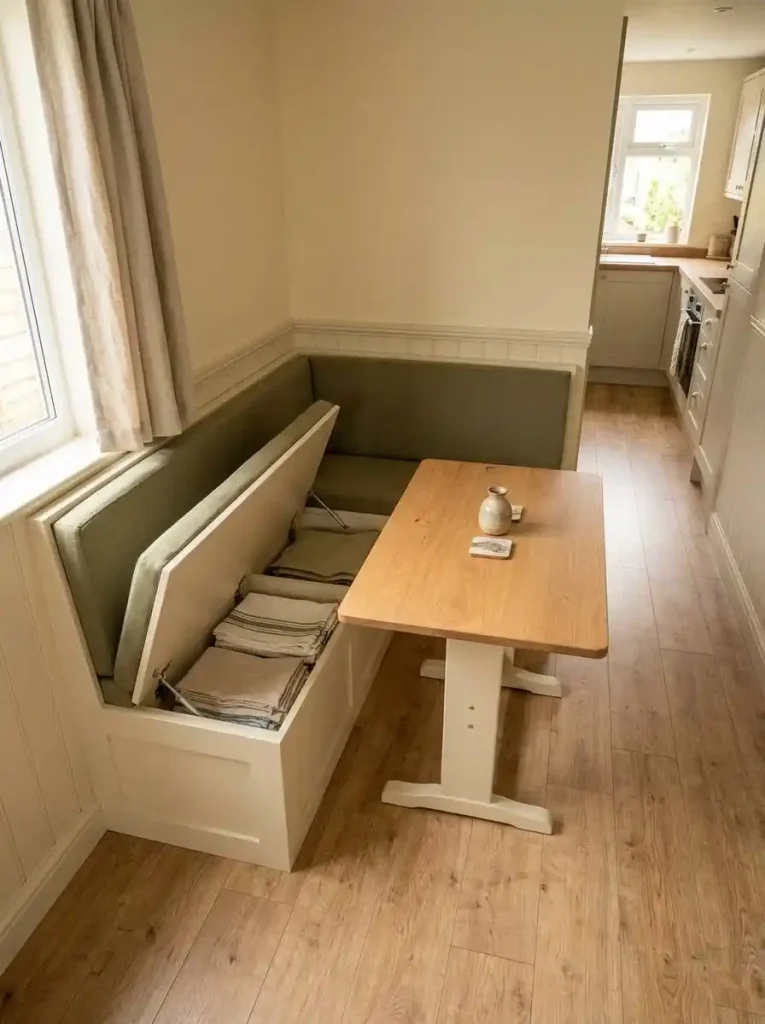 Dining banquette seat lifting to reveal hidden storage for seasonal linens in a small mobile home dining nook.