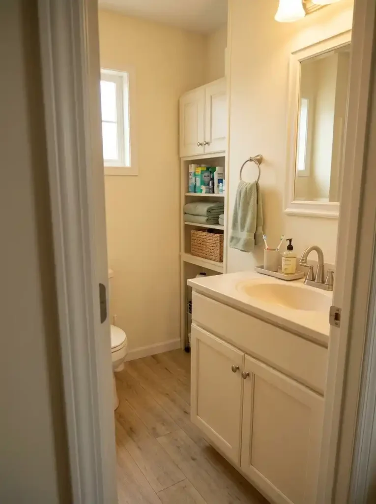 Small mobile home bathroom with daily toiletries near the vanity and backup products stored separately in secondary storage.