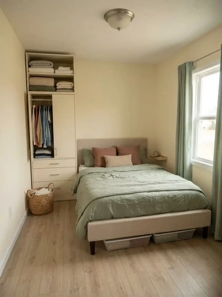 Small mobile home bedroom with daily clothing in easy-reach drawers and seasonal belongings in secondary storage without extra furniture.