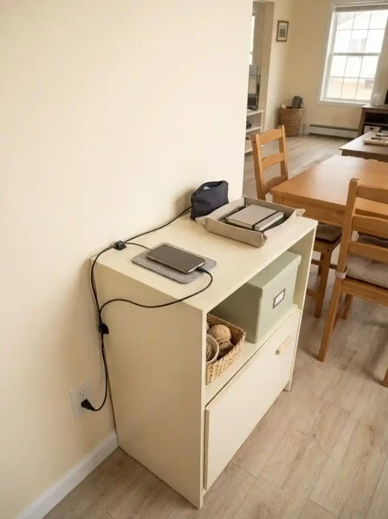 Compact mobile home charging area with phone and laptop accessories stored beside the living-space routine they serve.