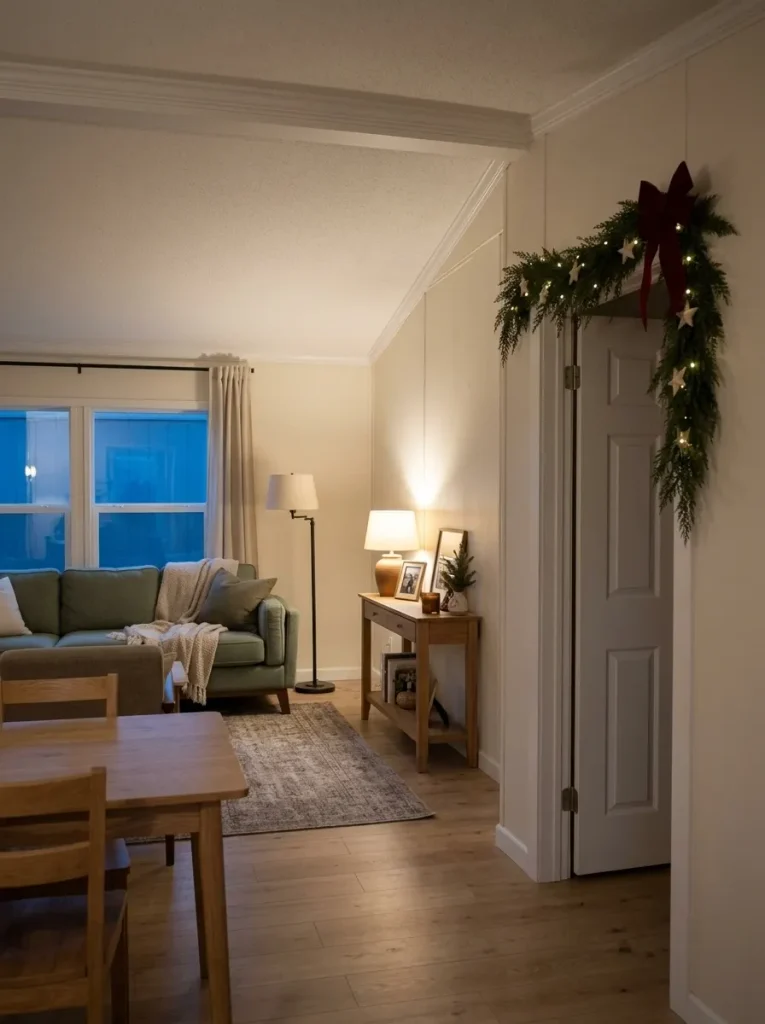 Removable Christmas doorway garland illuminated with warm white LED lights between a mobile home dining area and living room.