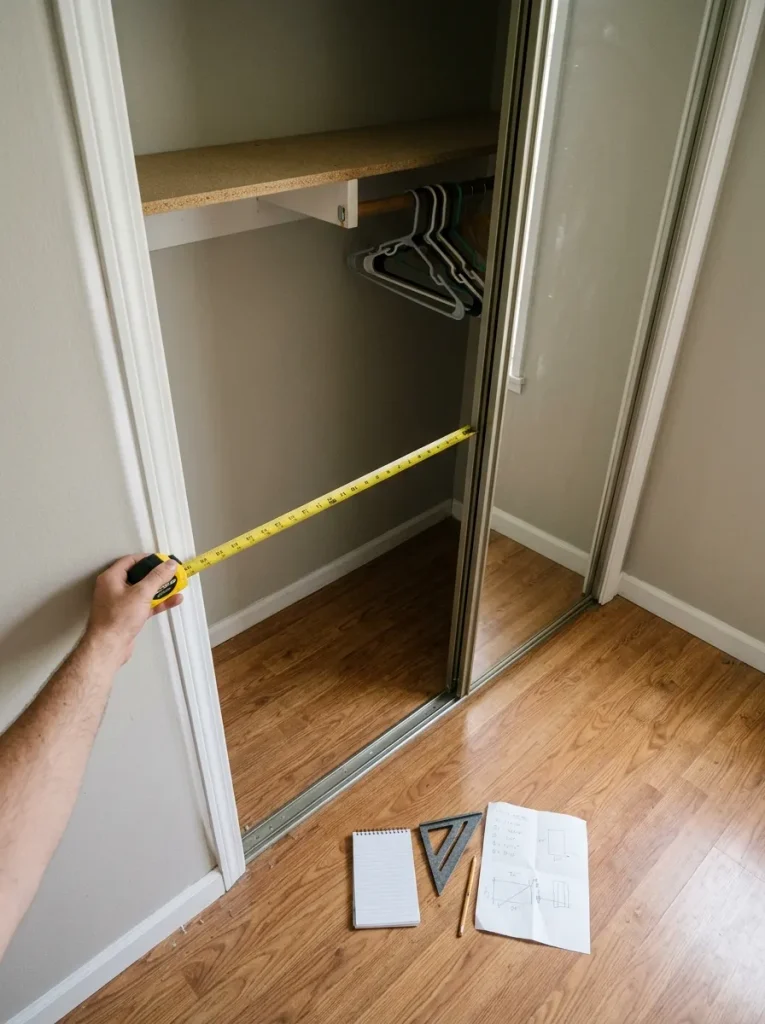 Tiny mobile home reach-in closet being measured with a tape measure, showing sliding door tracks and usable storage width.