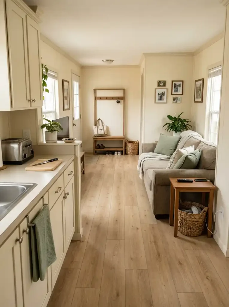 Mobile home entry, living room, and kitchen arranged so everyday belongings have short, obvious routes back to storage.