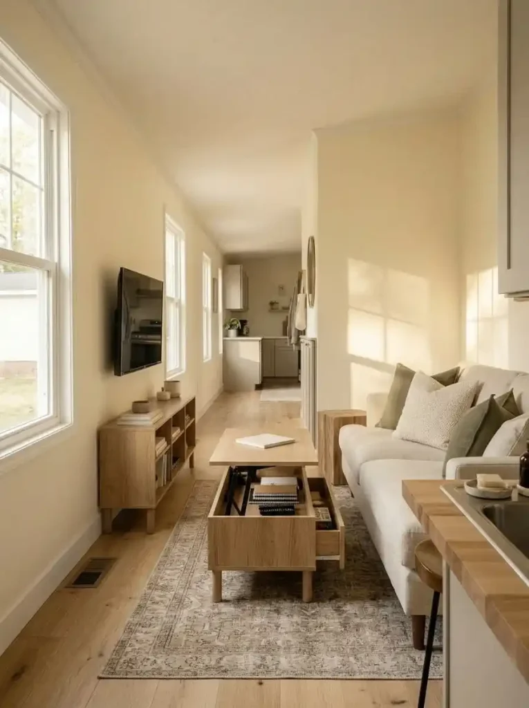 Lift-top coffee table with hidden drawers storing remotes and notebooks in an open mobile home living area.