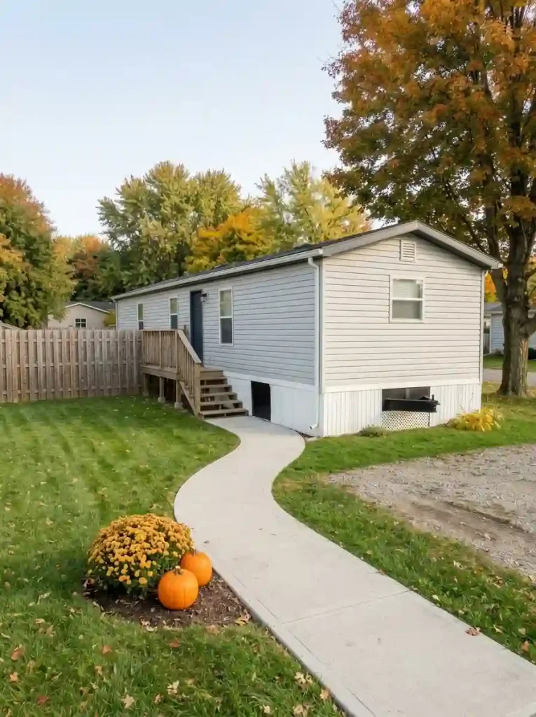 Low golden mum and small pumpkins beside a curved walkway, with the mobile home porch steps unobstructed.