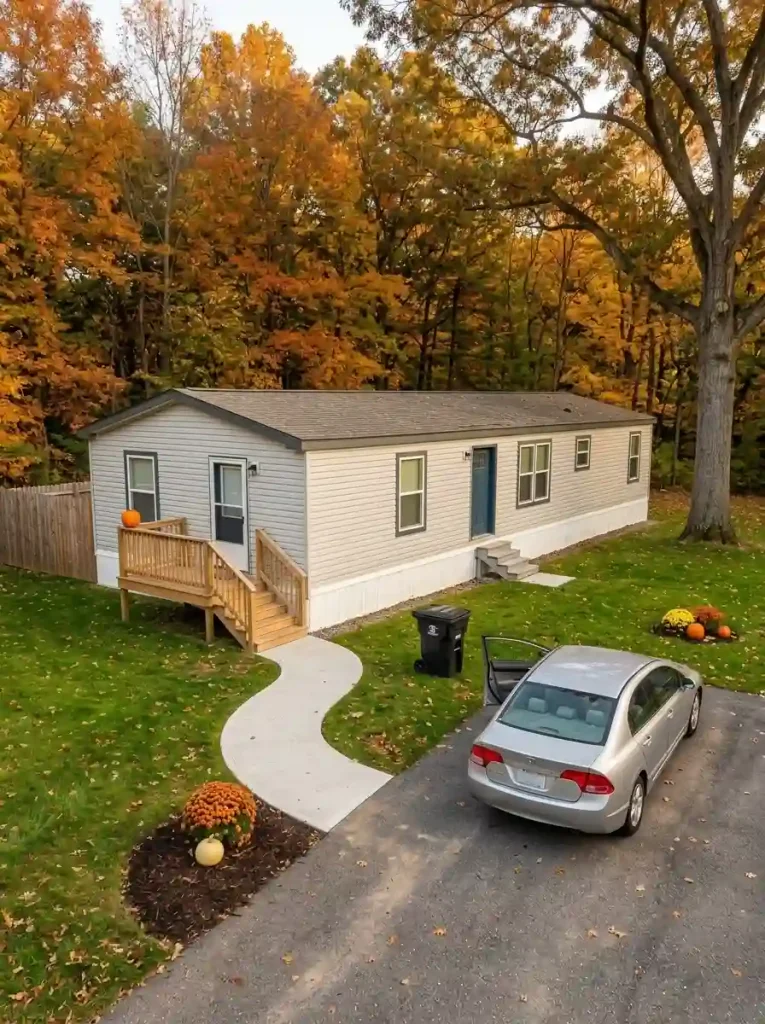 Mum and pumpkin group beyond an open car door and clear bin route beside a mobile home driveway.