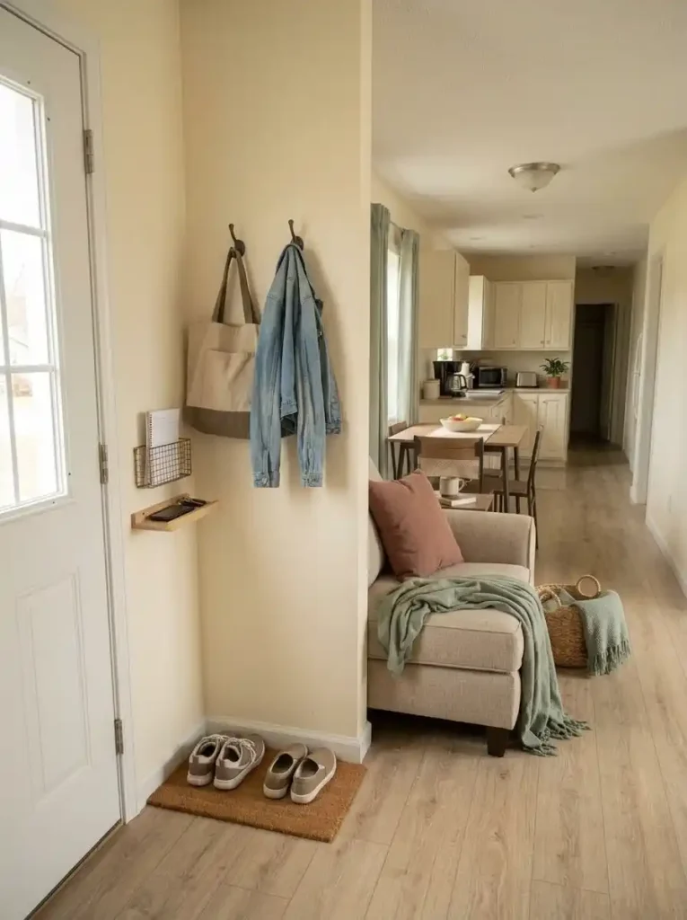 Compact mobile home entry with wall hooks, key tray, paper inbox, and low shoe zone that keeps the walking path open.