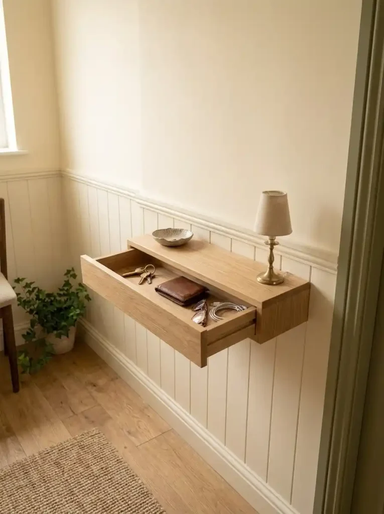 Floating wall shelf with a concealed drawer storing keys and small essentials without using floor space.