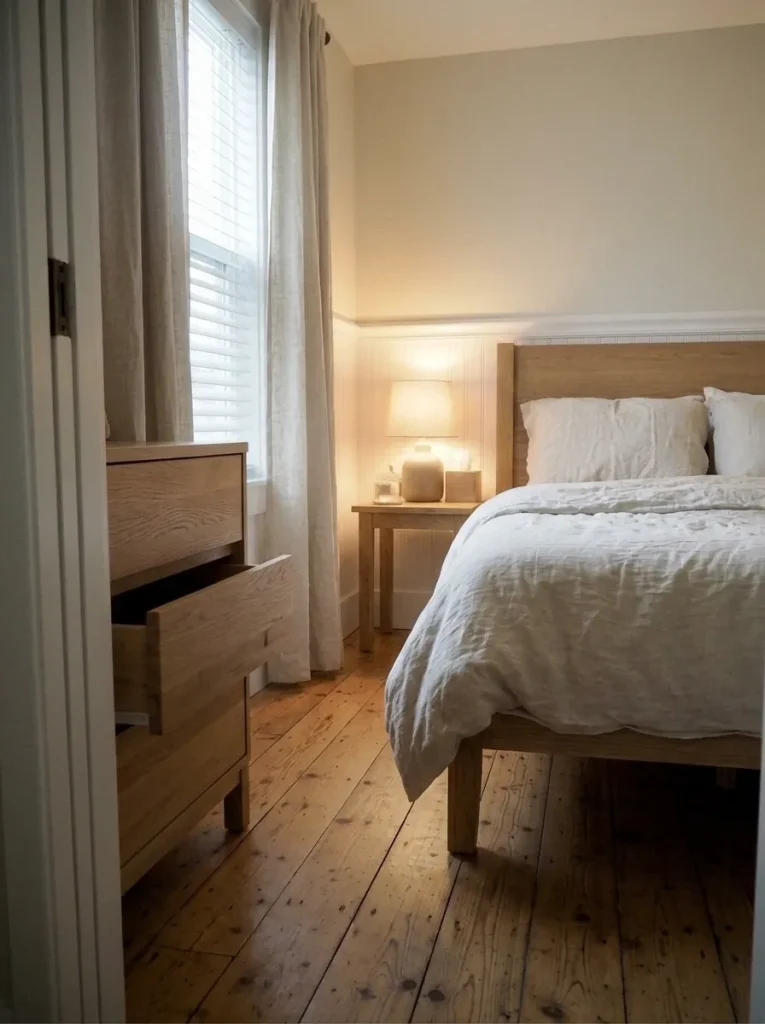 Clear walking path alongside a double bed in a small mobile-home guest bedroom with an open dresser drawer.