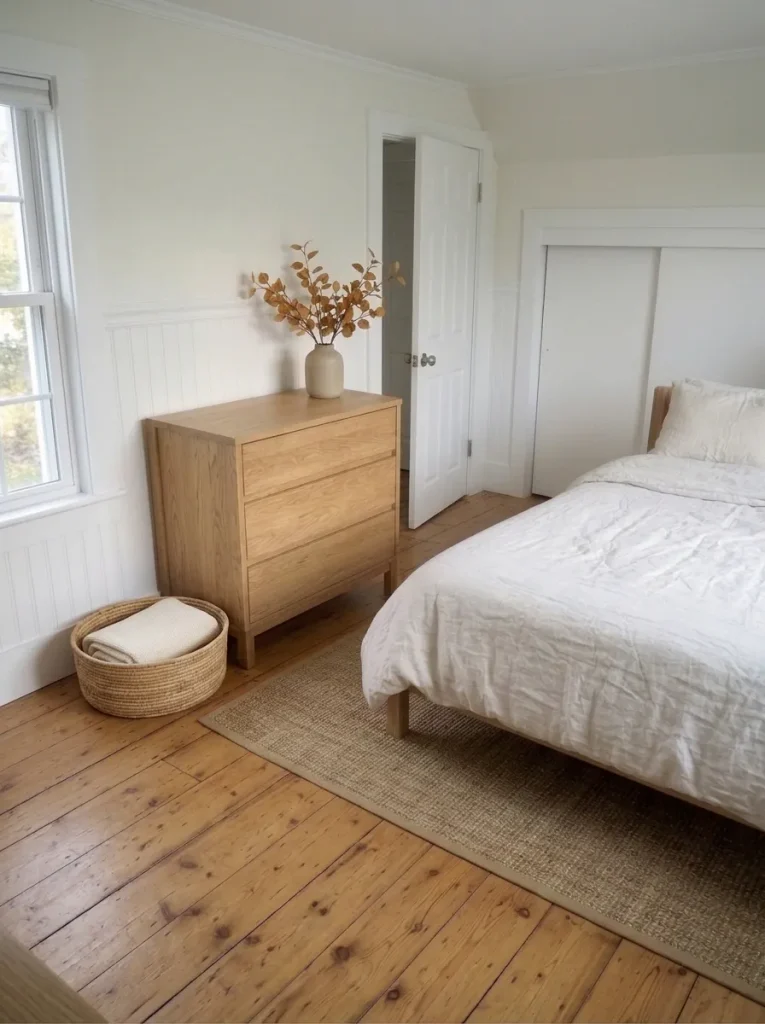 Folded cream blanket in a shallow woven basket positioned beside a dresser in a small guest bedroom.