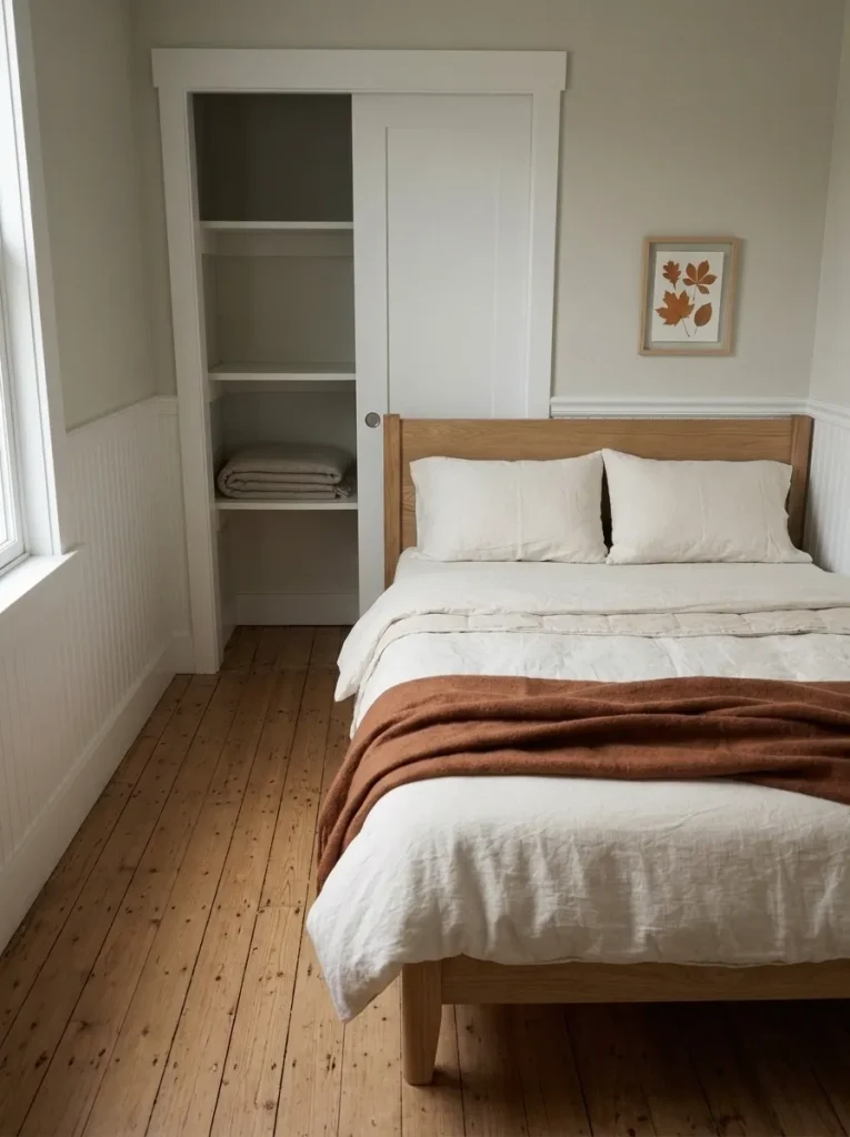 Compact mobile-home guest bedroom with botanical autumn artwork near the oak headboard and simple ivory bedding.