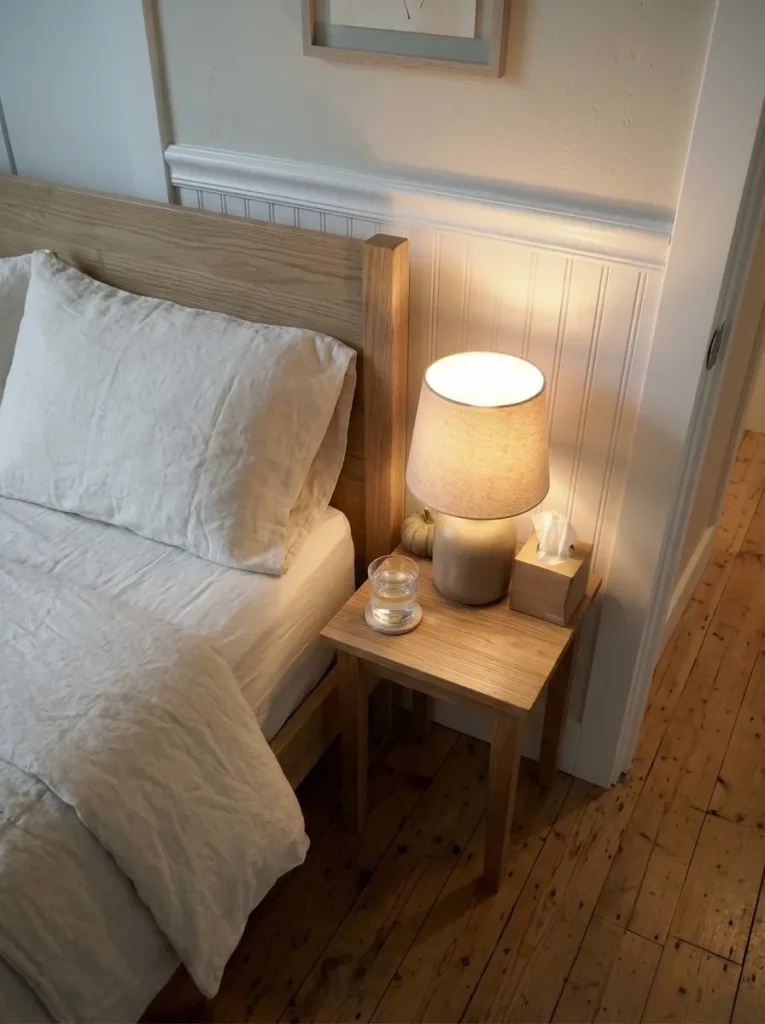 Small guest bedroom nightstand with a lamp, water glass, coaster, tissues, and space for a phone.