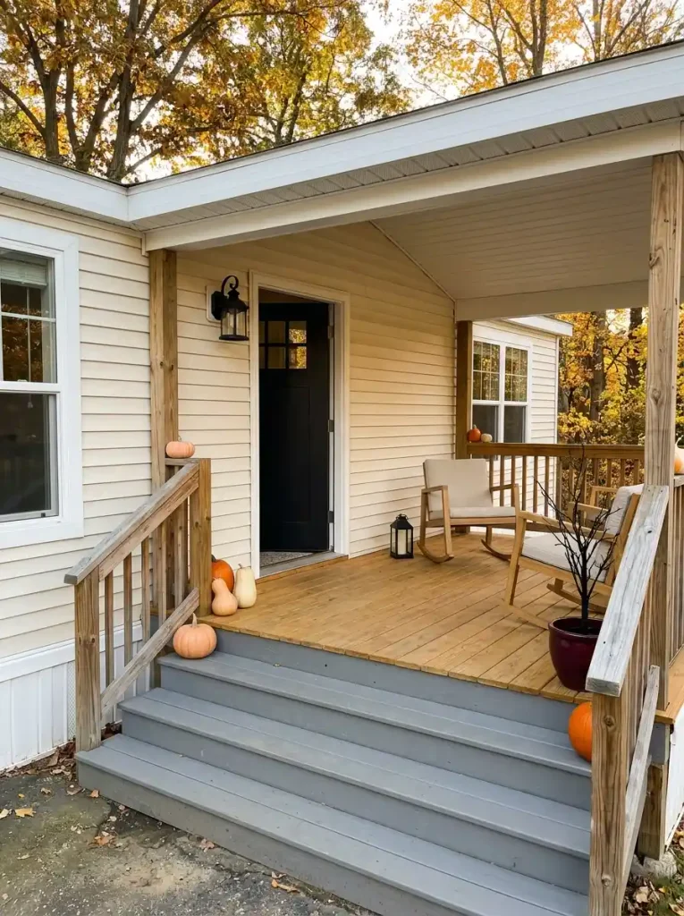 Compact mobile home porch with Halloween decorations kept to the outer edges while the central steps, landing and front-door route remain clear.
