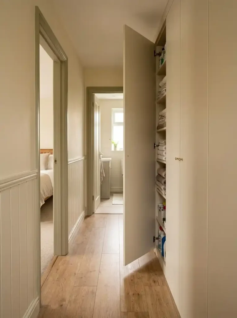 Shallow tone-on-tone hallway cabinet hiding linens and household supplies along a mobile home corridor.