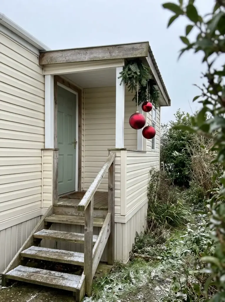 Three large red Christmas ornaments suspended among greenery over the outer bay of a small covered manufactured-home porch.