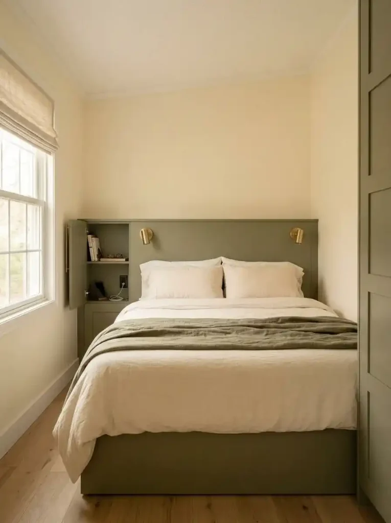 Headboard with shallow concealed side compartments replacing bulky bedside tables in a narrow mobile home bedroom.