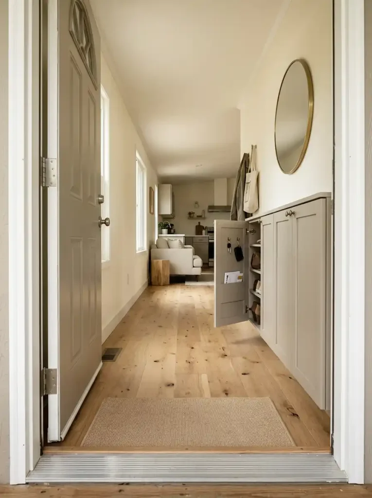 Shallow closed entry cabinet hiding shoes, keys and mail without blocking the narrow mobile home walkway.