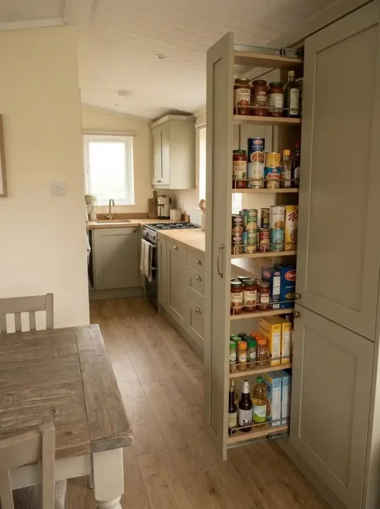 Narrow pantry pullout extending from the end of a cabinet run in a compact mobile home kitchen.