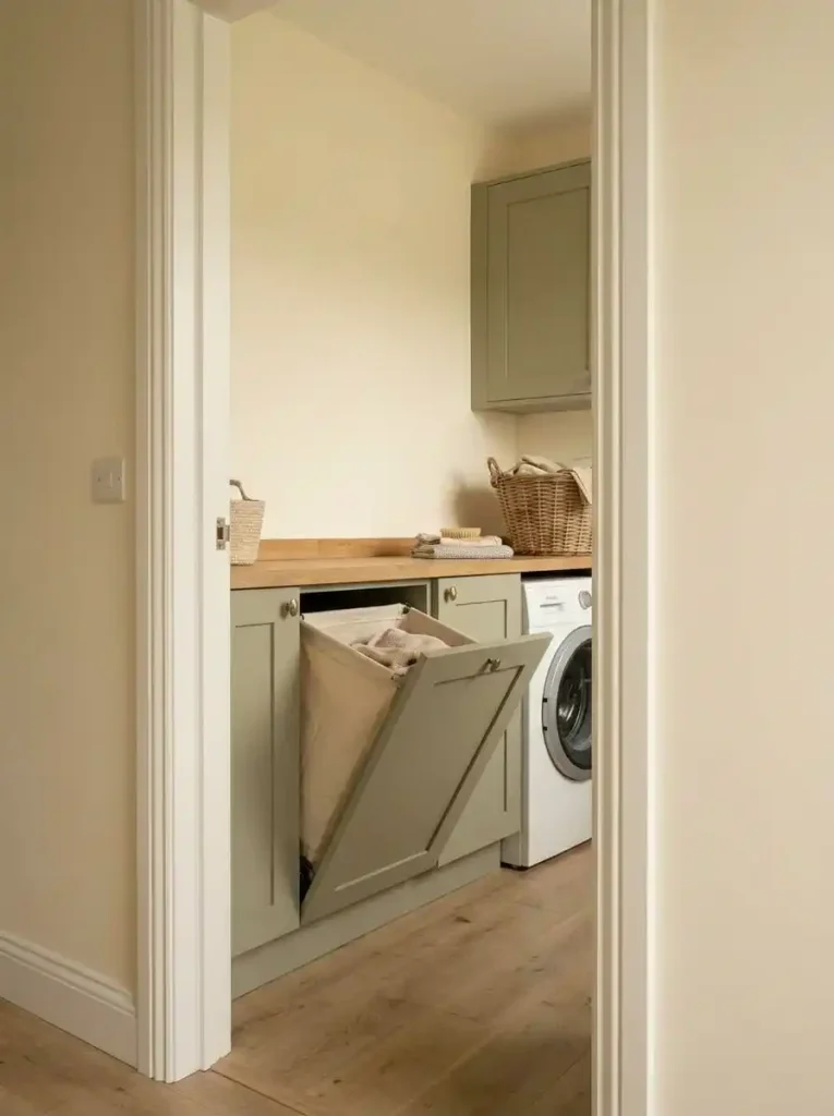 Tilt-out cabinet concealing a laundry hamper while keeping the hallway clear in a compact mobile home.