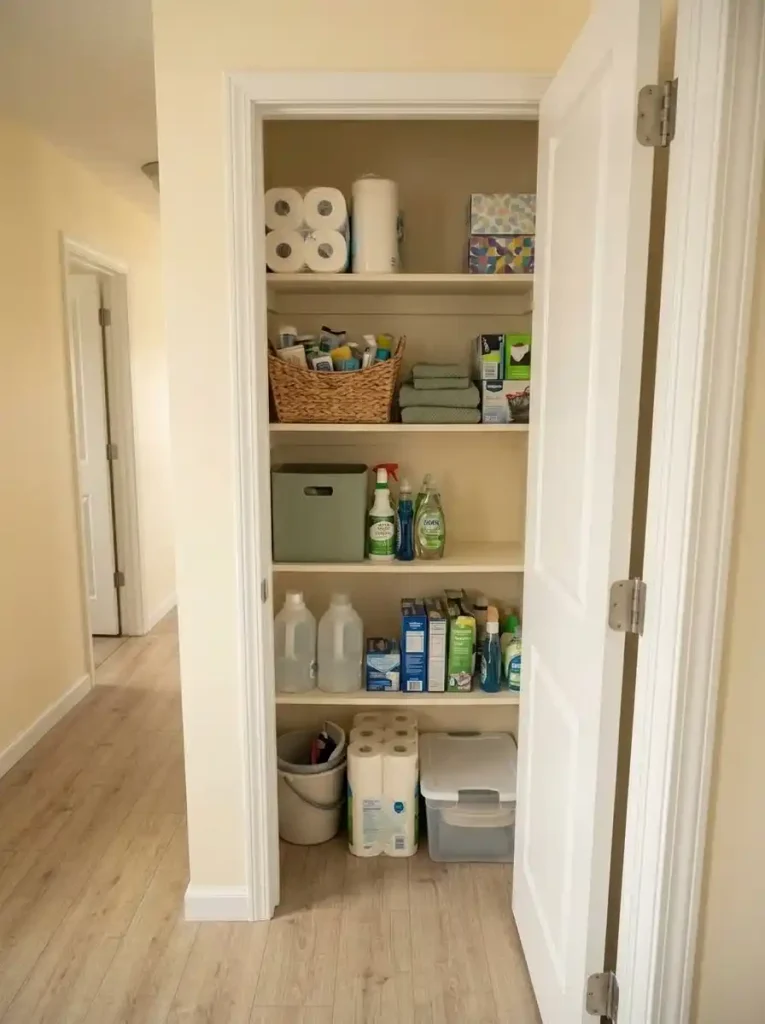 Mobile home reserve closet with paper goods and household refills consolidated into one visible, countable backstock zone.