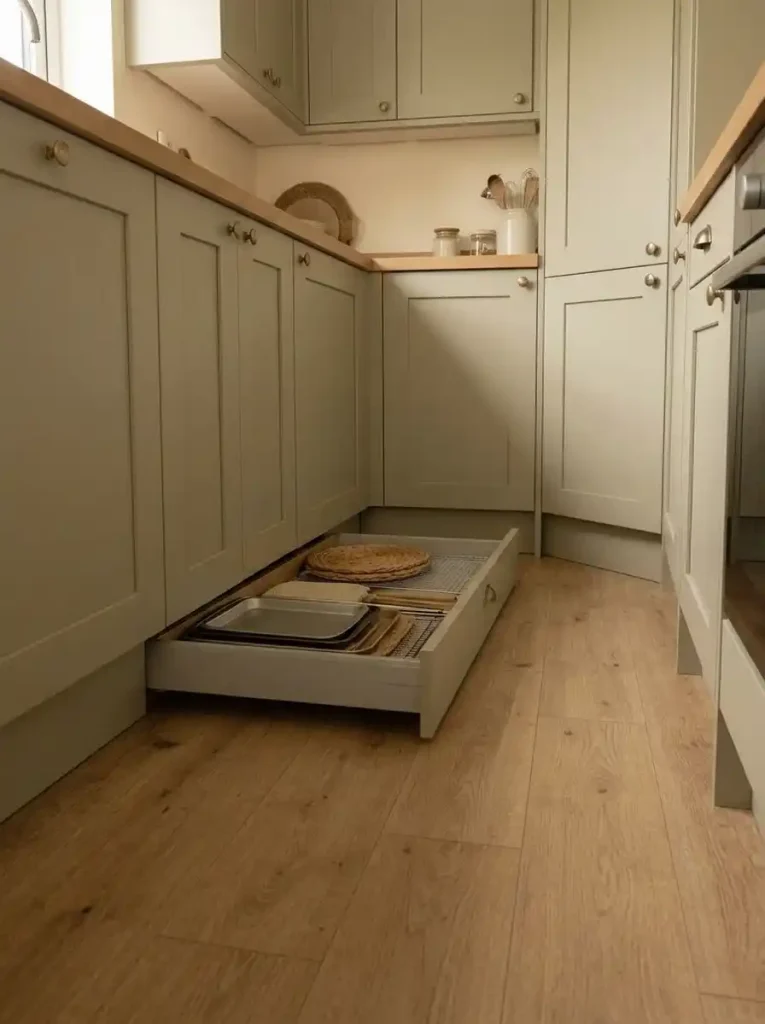 Shallow toe-kick drawer storing flat trays and placemats beneath mobile home kitchen cabinets.