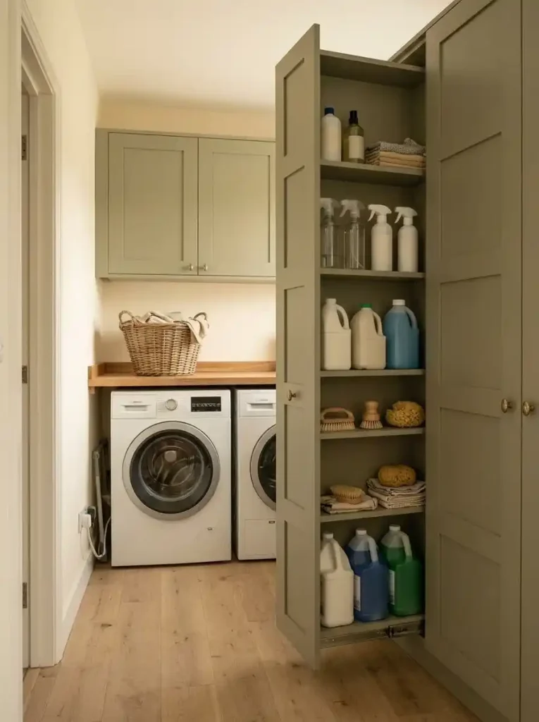 Slim laundry pullout storing detergent and cleaning supplies beside a washer in a compact mobile home laundry room.