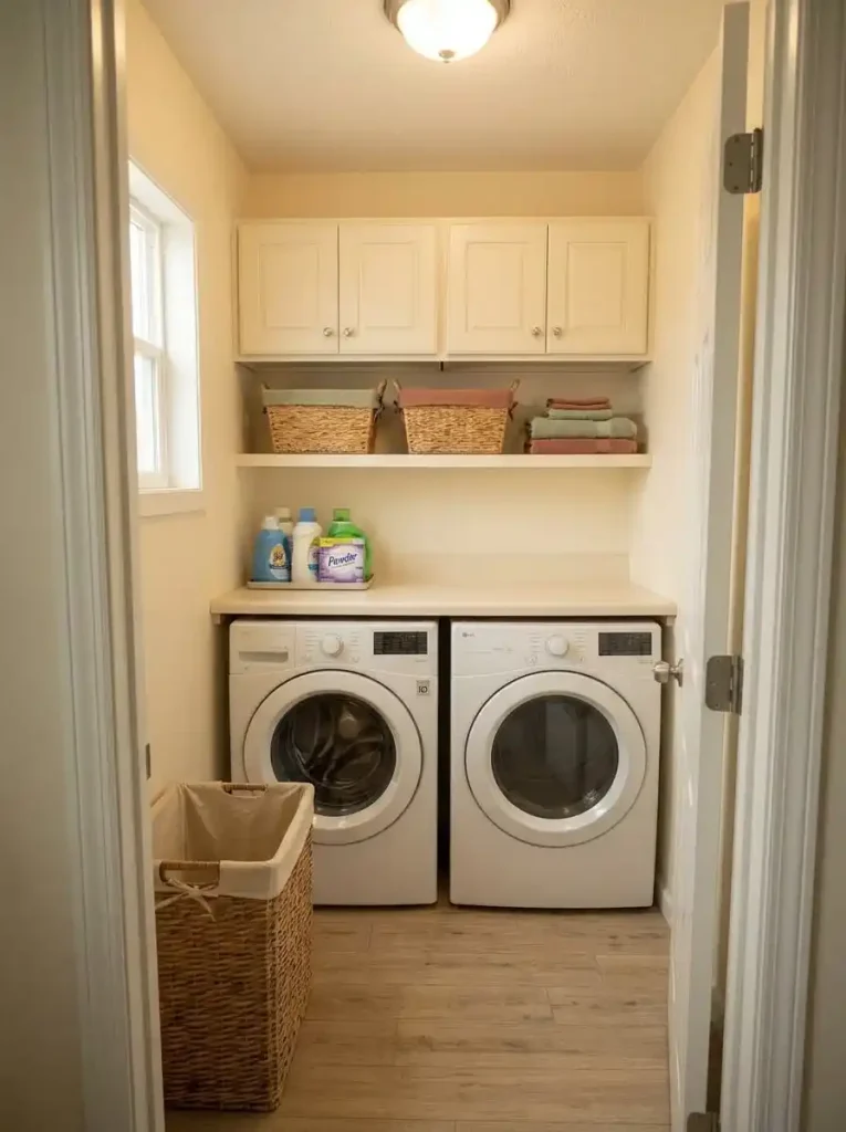 Compact mobile home laundry area arranged from hamper to washer, dryer, folding surface, and return baskets in workflow order.