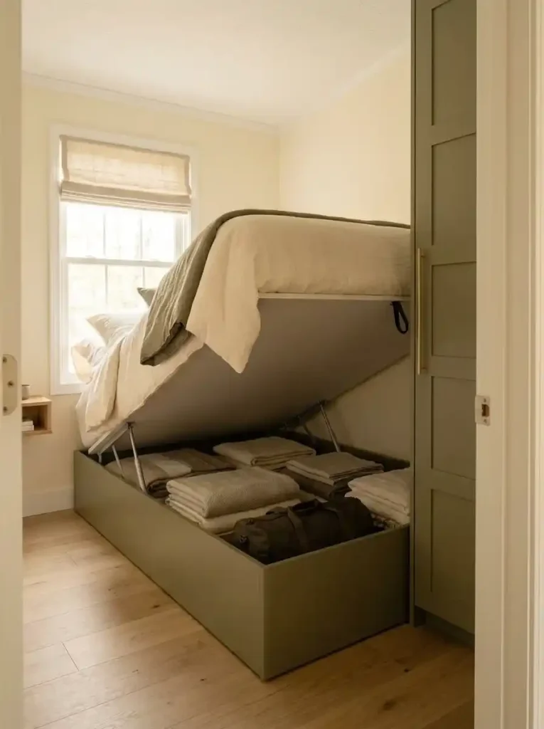 Lift-up bed revealing concealed storage for seasonal bedding and travel items in a compact mobile home bedroom.