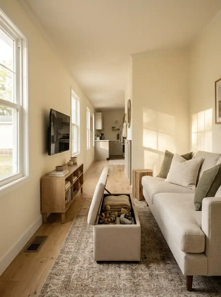 Storage ottoman holding throws and small living room items in a narrow mobile home without adding another storage cabinet.