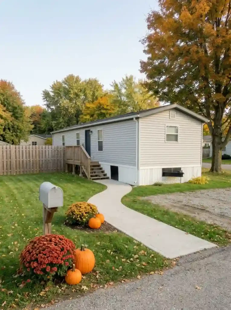 Rust-red mum and pumpkins form a yard-side crescent behind a mailbox, leaving its delivery approach clear.