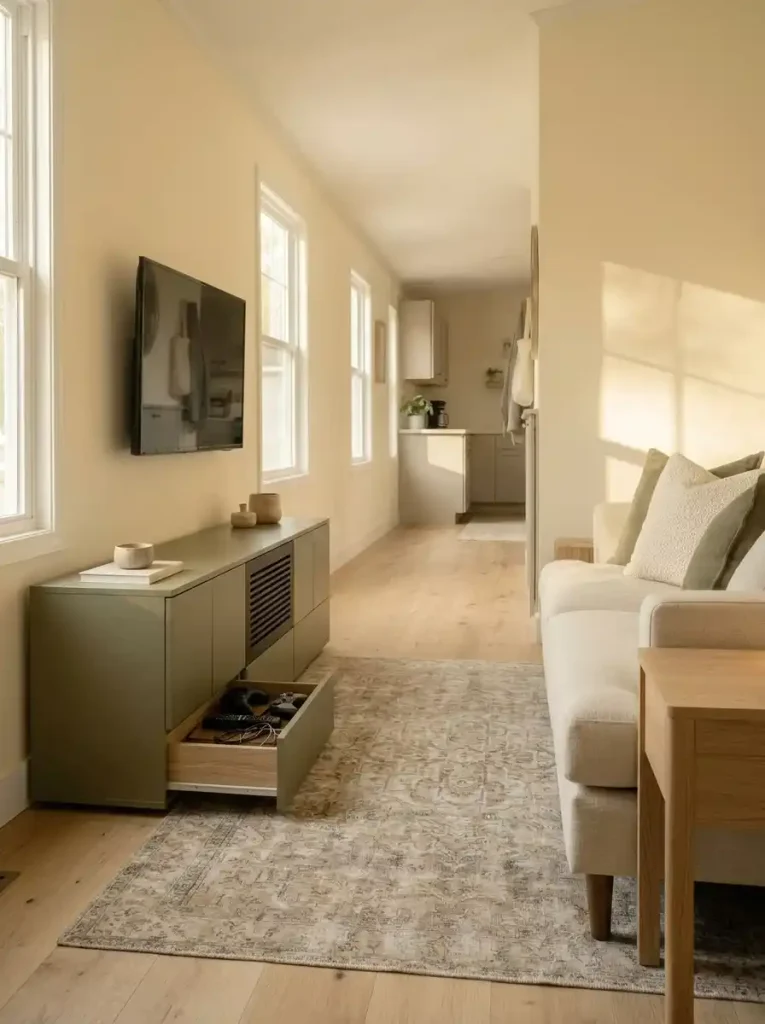Closed-front media console hiding controllers and cables along the television wall of a narrow mobile home living room.