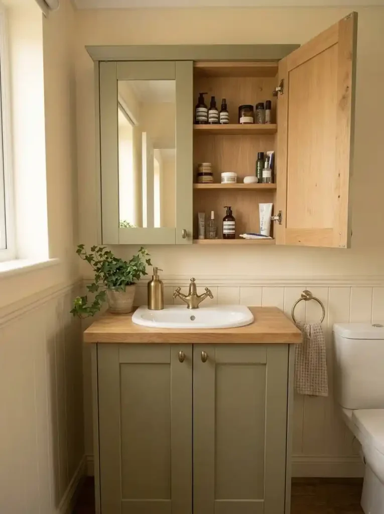 Mirror-front bathroom cabinet combining reflection with hidden grooming storage above a mobile home vanity.